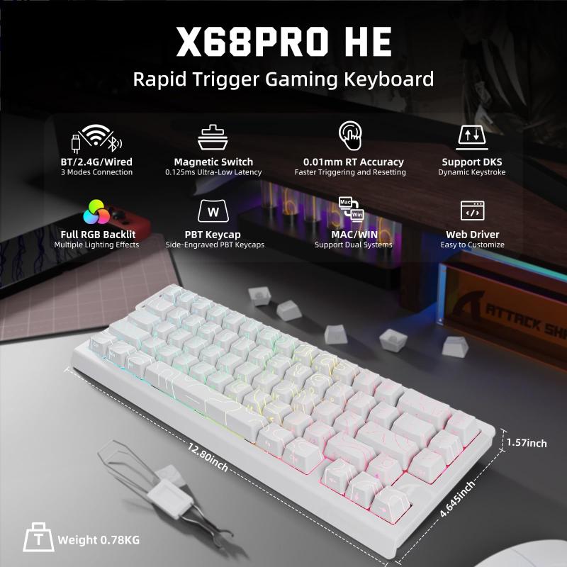 Teclado para jogos ATTACK SHARK X68 PRO HE Wireless Branco